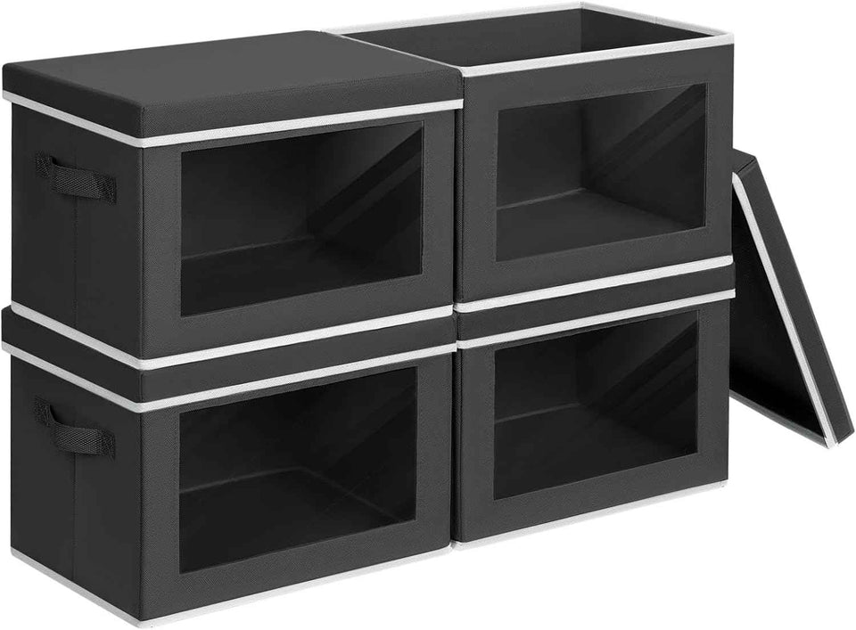 Storage Bins with Lids - Fabric Closet Storage Bins with Window, Collapsible Baskets for Shelves 4 Pack, Home Decorative Boxes for Clothes, Closet, Office, Grey