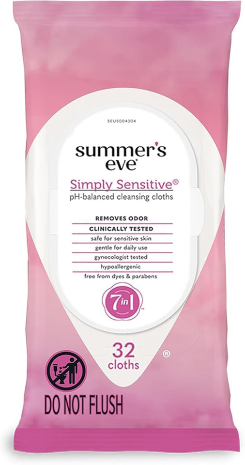 Summer's Eve Simply Sensitive feminine wipes, gentle pH-balanced micellar water formula for vaginal odor control, resealable packs of 32