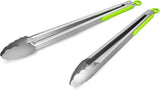 304 Stainless Steel Kitchen Cooking Tongs, 9" and 12" Set of 2 Sturdy Grilling Barbeque Brushed Locking Food Tongs with Ergonomic Grip, Black