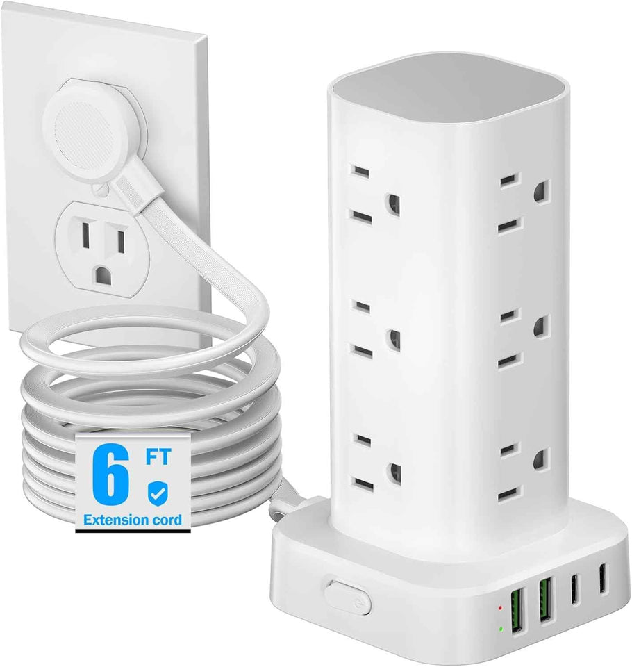 Tower power strip surge protection 6FT flat extension cord with multiple outlets and usb ports white