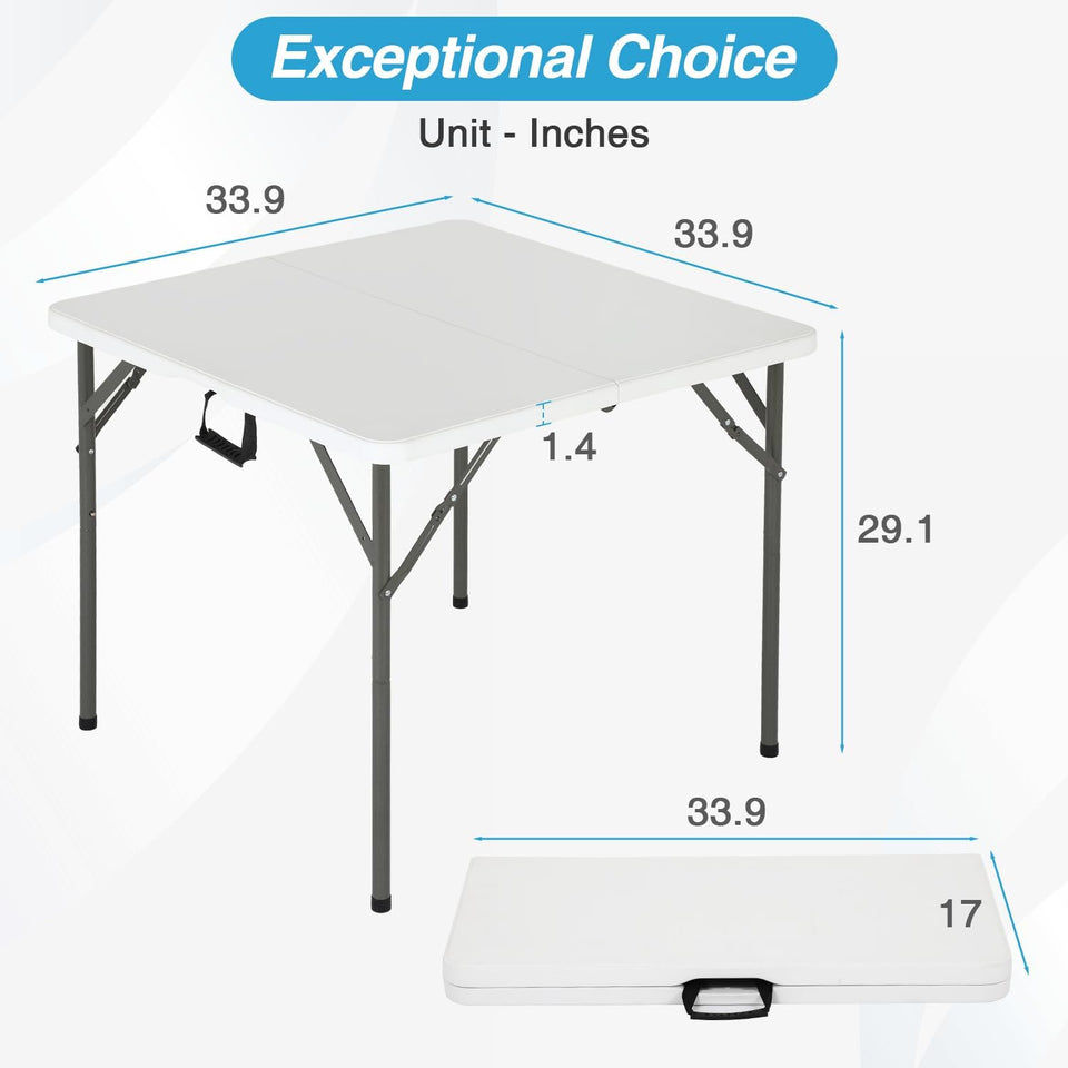 FDW 34" Folding Card Table Plastic Table Portable Square Height Dining Table Perfect for Party and Parties Backyard Events, White