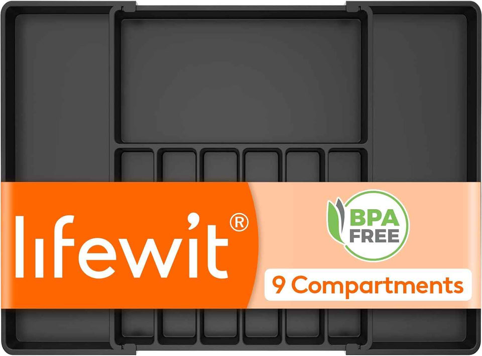 Lifewit Silverware Drawer Organizer, Expandable Utensil Tray for Kitchen, BPA Free Flatware and Cutlery Holder, Adjustable Plastic Storage for Spoons Forks Knives, 8.5-14 x 12", Black