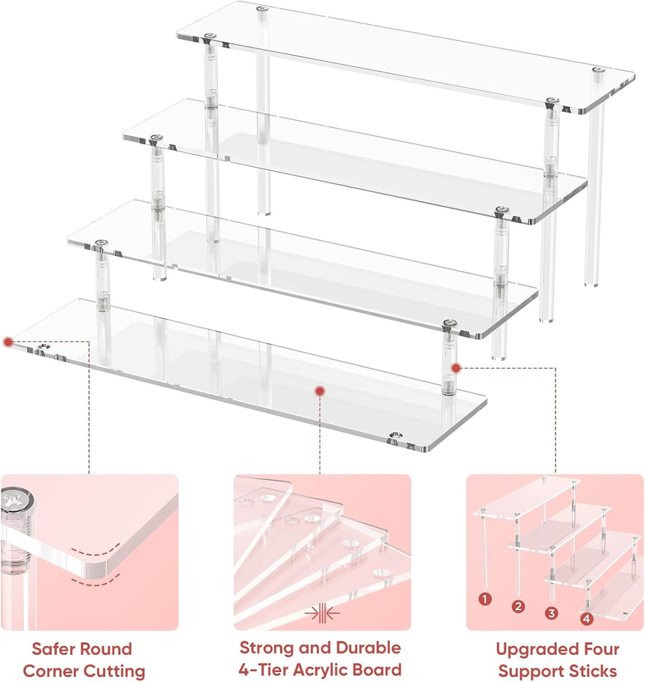 4 Tier Acrylic Display Risers, Clear Perfume Organizer Stand, Large Cupcake Stand Holder, Dessert Display for Party, Display Shelf for Figure and Collection, Riser Stand for Decoration and Organizer
