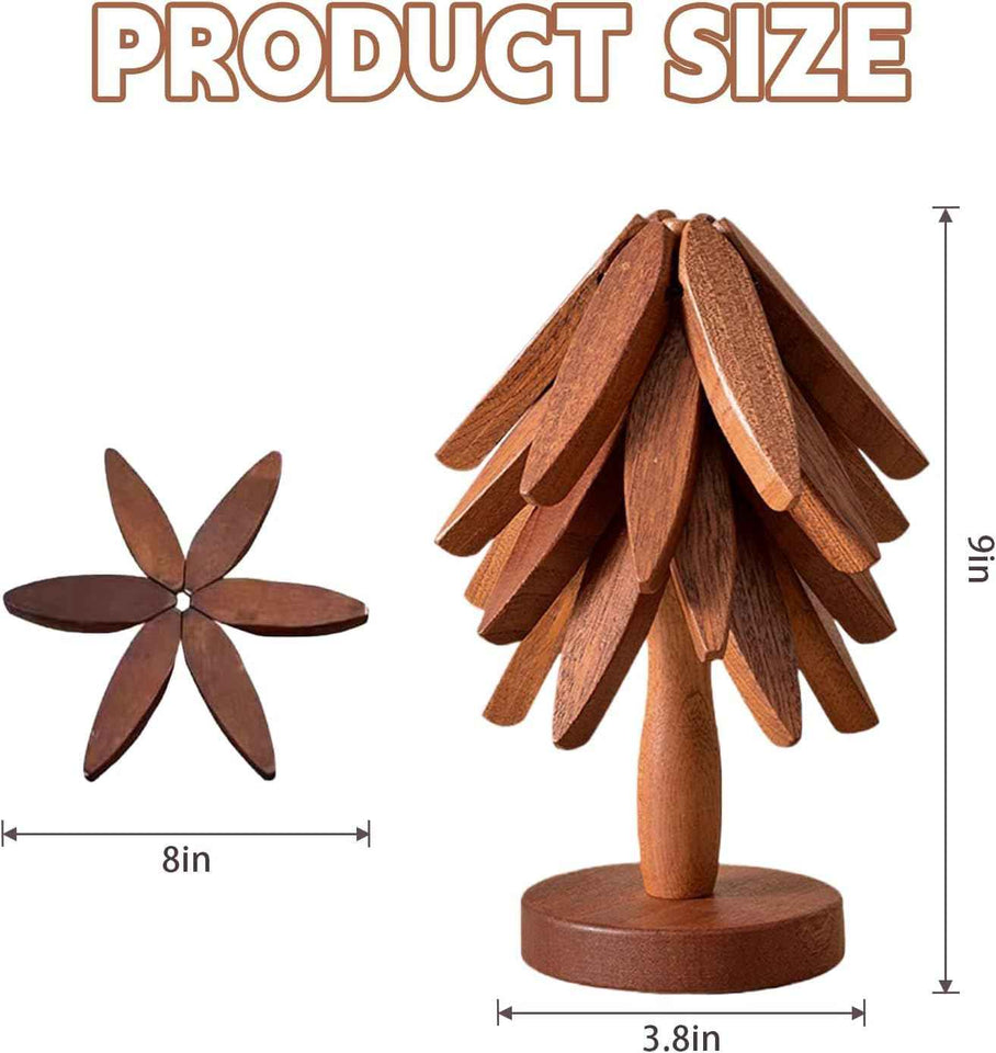 Wooden Tree Shape Coasters and Trivet Set, 4 Wooden Trivets + 1 Stand, Brown