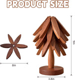 Wooden Tree Shape Coasters and Trivet Set, 4 Wooden Trivets + 1 Stand, Brown