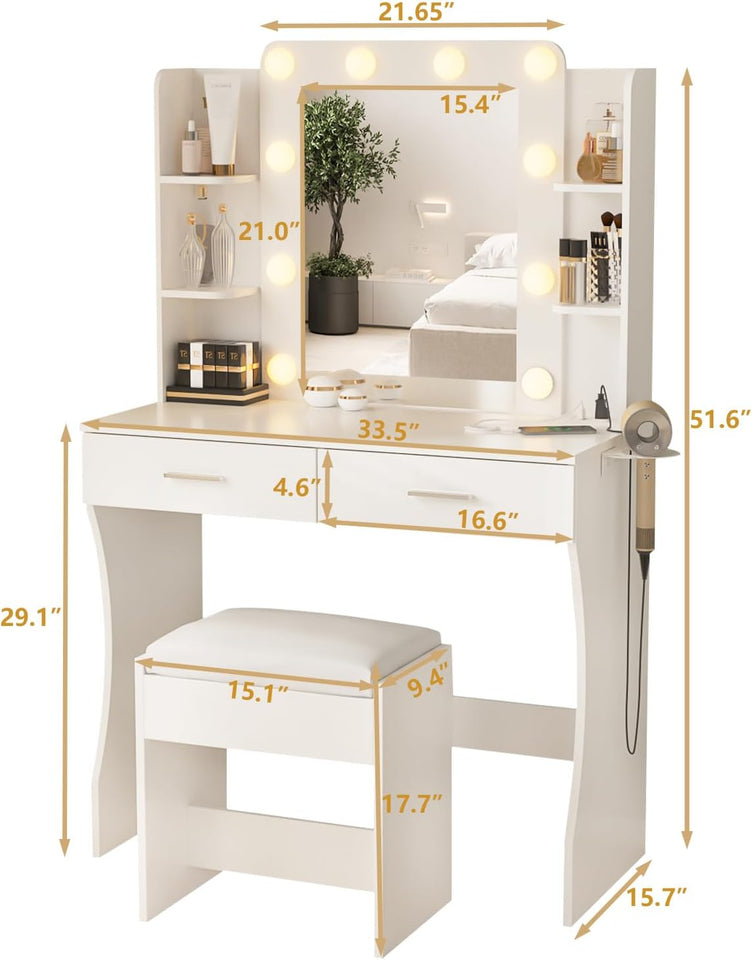 Vabches Vanity Desk with Lights,Makeup Vanity with Power Strip,Dressing Table Set with 2 Large Drawers,Vanity Mirror 3 Lighting Color Adjustable,White
