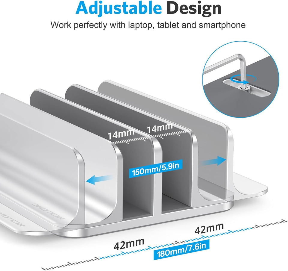 OMOTON [Updated Dock Version] Vertical Laptop Stand, Double Desktop Stand Holder with Adjustable Dock (Up to 17.3 inch), Fits All MacBok/Surface/Samsung/HP/Dell/Chrome Book (Silver)