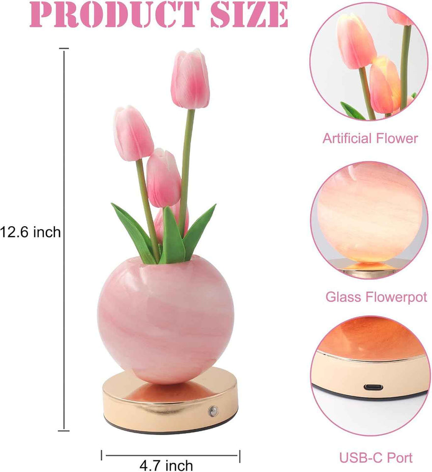 Rechargeable Cordless Touch Tulip Flower Table Lamp, 3-Color Infinitely Dimming Night Light with LED Artificial Tulips Decor (Pink)