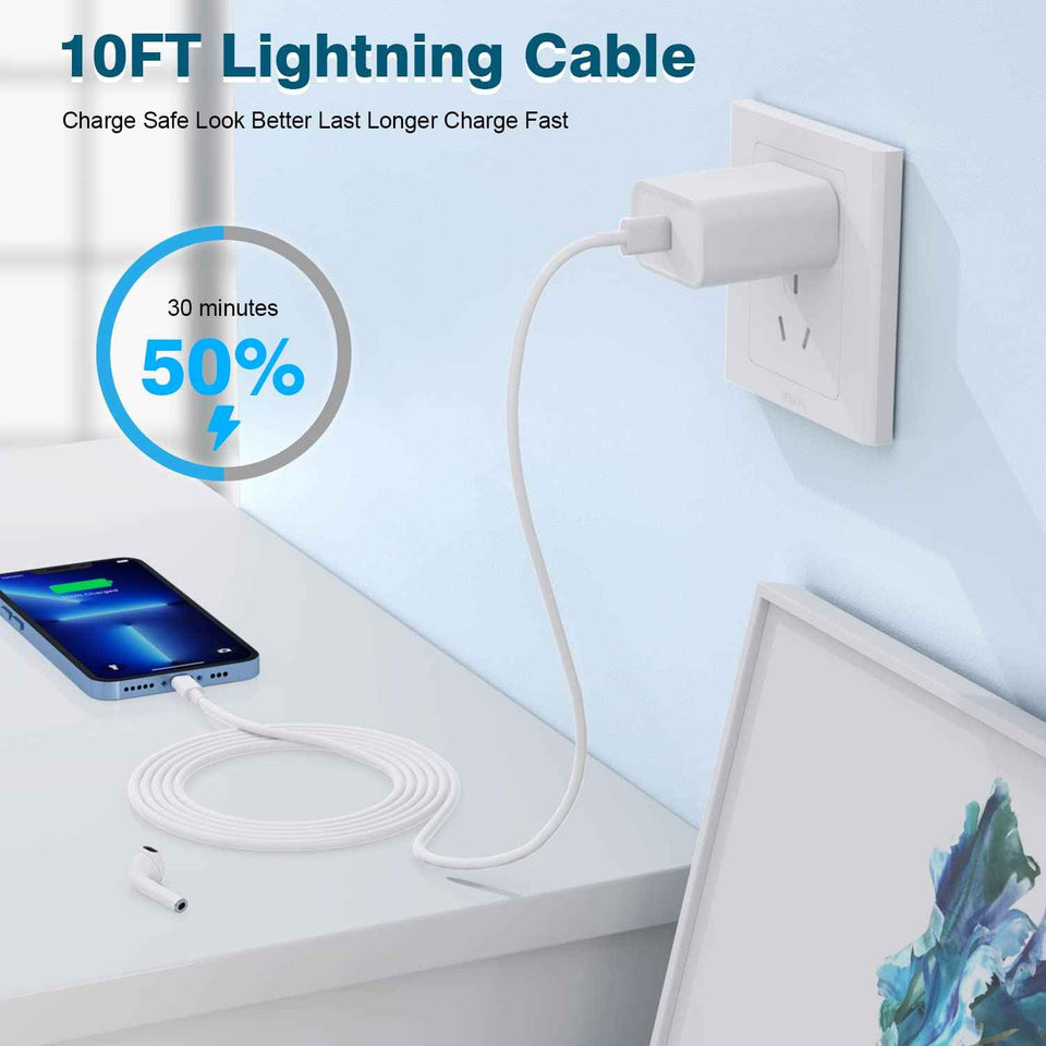 20w lightning iphone charger, extra long 10ft 2pack usb c to lightning cable for iphone 14 pro max and more