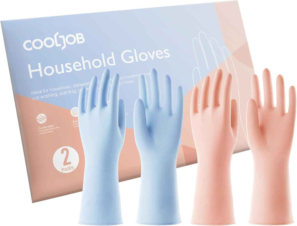 COOLJOB Medium Household Rubber Gloves with Cotton Liner & Non-slip Grip, Waterproof Long Lasting Dishwashing Gloves for Kitchen & Bathroom Cleaning, Light Pink, 1 Pair