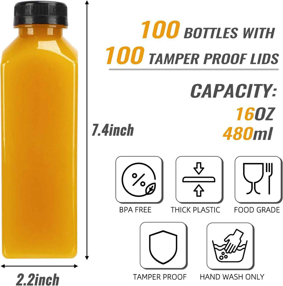 TOMNK 100pcs 16oz black plastic beverage containers with caps, funnel, and brush for juicing and smoothies