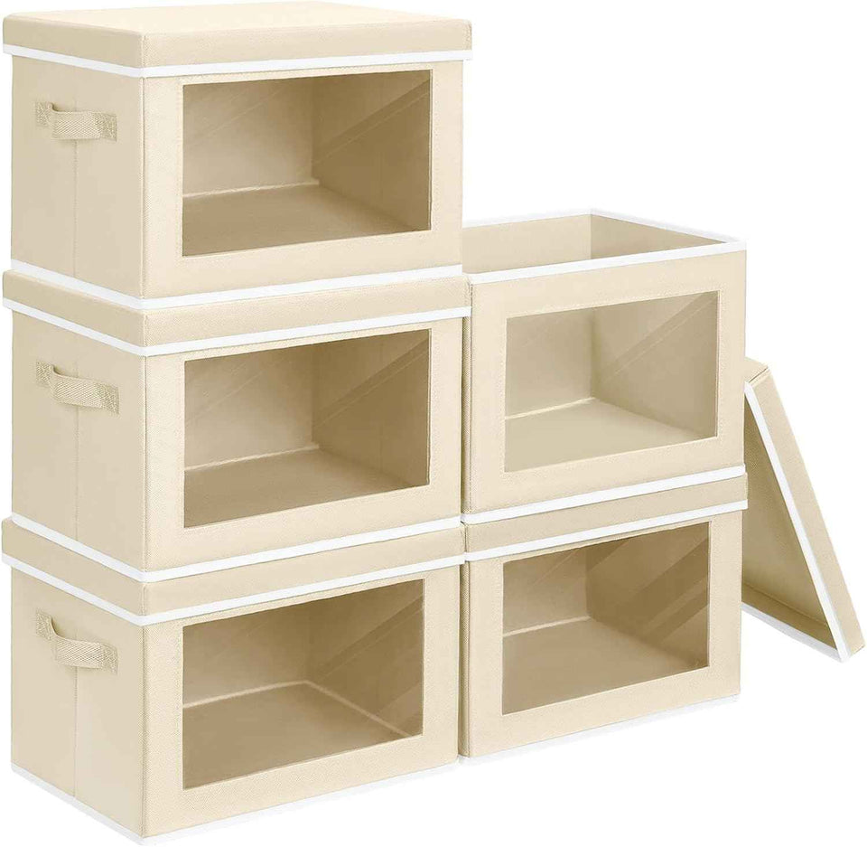 Storage Bins with Lids - Fabric Closet Storage Bins with Window, Collapsible Baskets for Shelves 4 Pack, Home Decorative Boxes for Clothes, Closet, Office, Grey