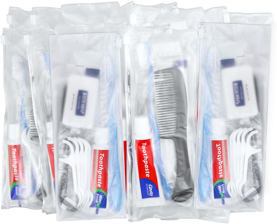 hqsl 10-set personal hygiene kit, disposable toothbrushes with toothpaste floss comb soap and cover for travel, homeless, women, men