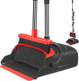 kelamayi Upgrade Broom and Dustpan Set, Self-Cleaning with Dustpan Teeth, Ideal for Dog Cat Pets Home Use, Super Long Handle Upright Stand Up Broom and Dustpan Set (Brown)