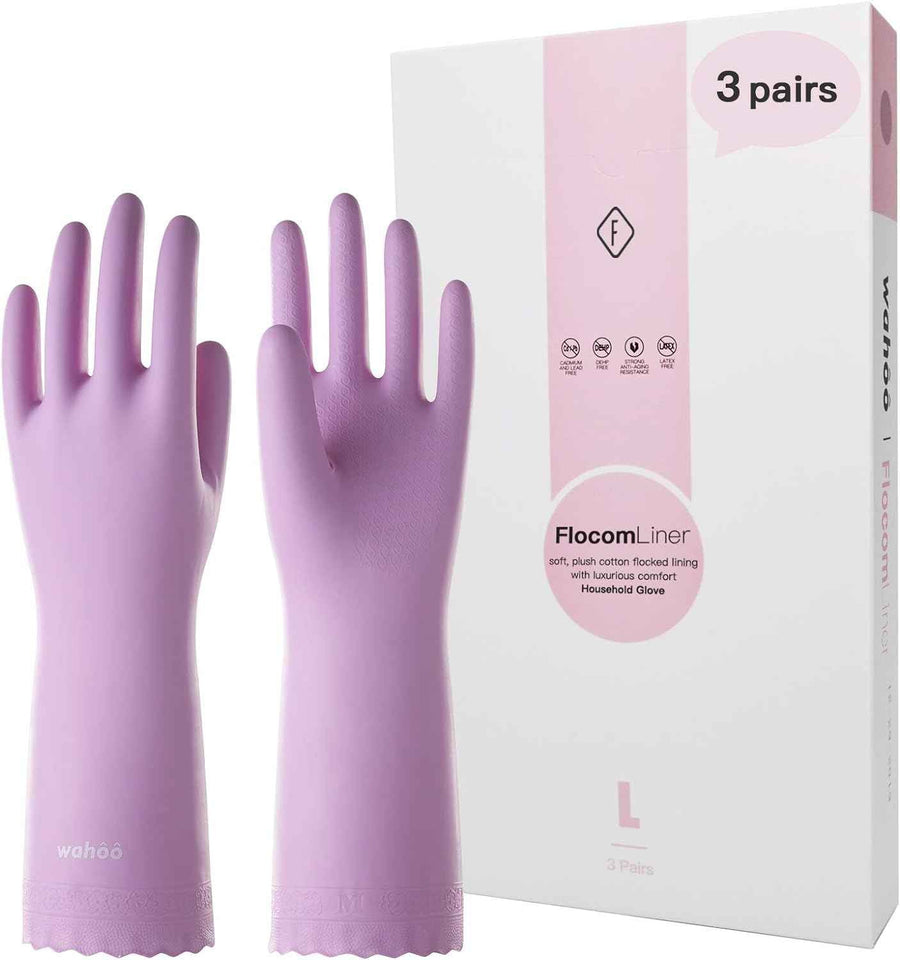LANON Skin-Friendly Dishwashing Gloves - 3 Pairs of Reusable, Non-Slip Kitchen Gloves with Cotton Liner