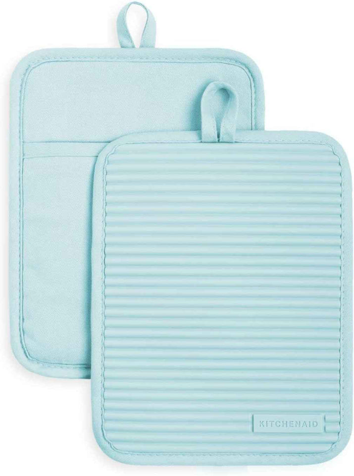 KITCHENAID Ribbed Soft Silicone Pot Holder 2-Pack Set, Matte Black, 7"x9"
