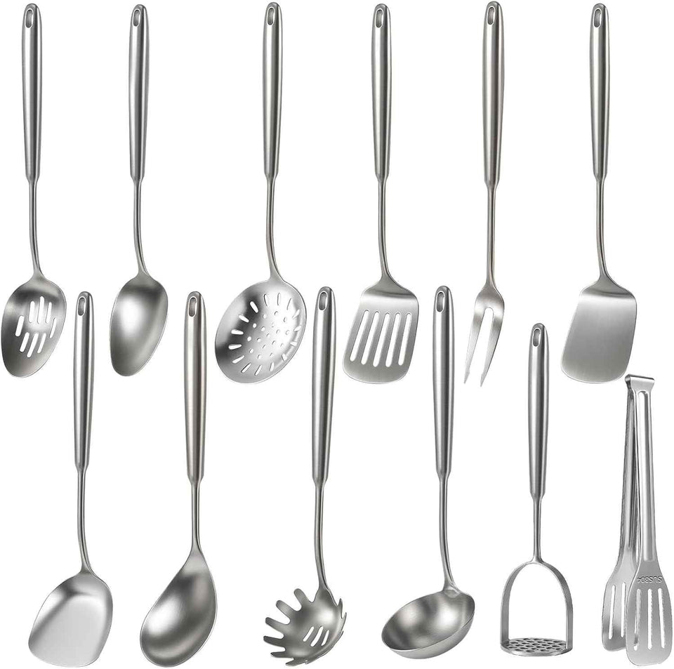 Newness 16 Pcs Cooking Utensils Set, 304 Stainless Steel Kitchen Utensils Set, Metal Kitchen Accessories, Include Soup Ladle, Slotted Skimmer Spoon, Spaghetti Spoon and Spatula, Dishwasher Safe