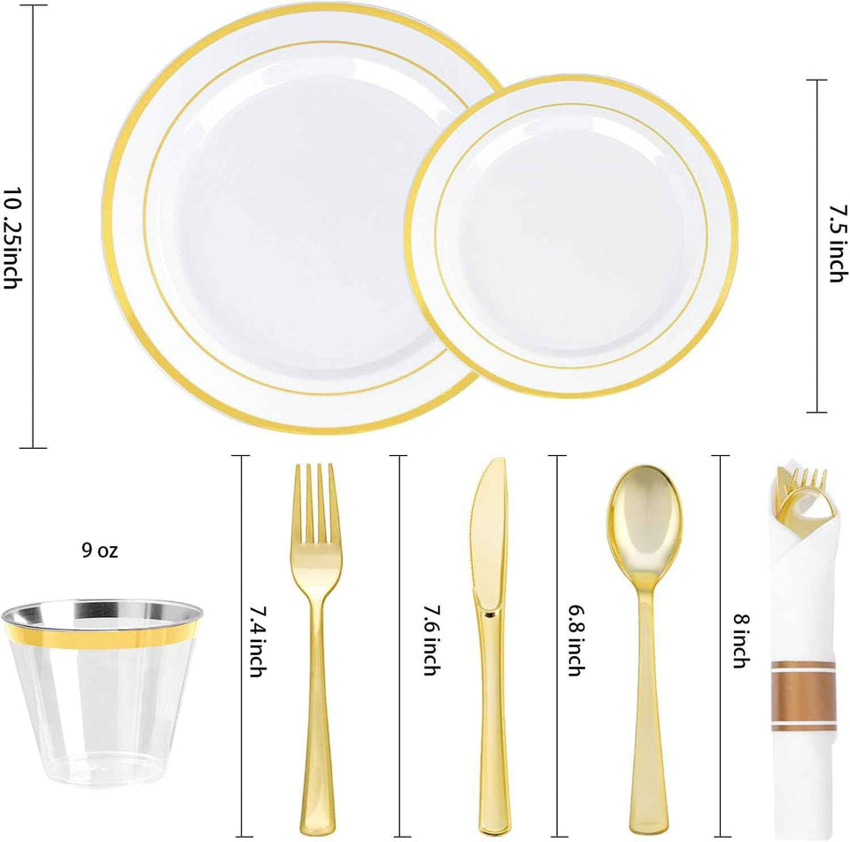 BestVIP 700PCS Gold Plastic Dinnerware Set for 100 Guests, BPA Free, Disposable Plates with Silverware, Cups, and Napkins