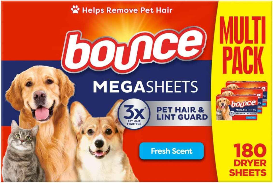Bounce Pet Hair and Lint Guard Mega Fabric Softener Dryer Sheets, 180 Count, Fresh Scent, 3X Pet Hair Fighters