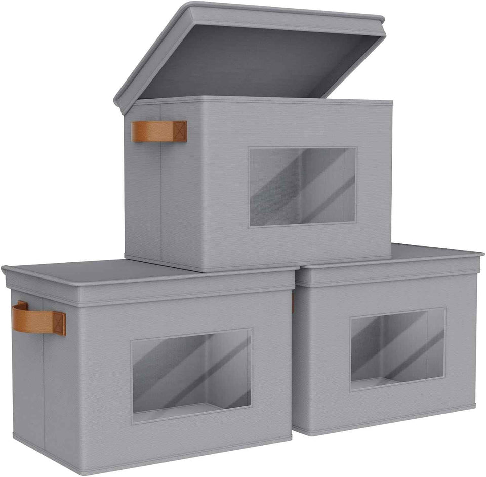 Univivi Fabric Foldable Storage Boxes [4-Pack] Large Collapsible Stackable Storage Bins with Lids, Closet Organizers and Storage Cube Basket for Home, Office, Bedroom (Gray, 17“ x 12” x 12")