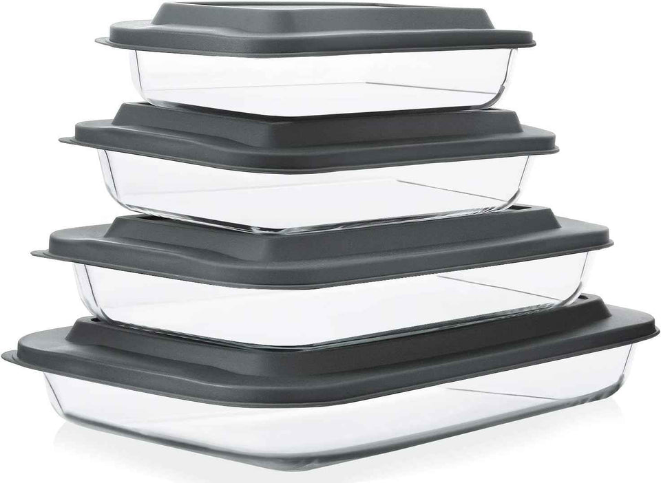 8-piece deep glass baking dish set with plastic lids and gray color