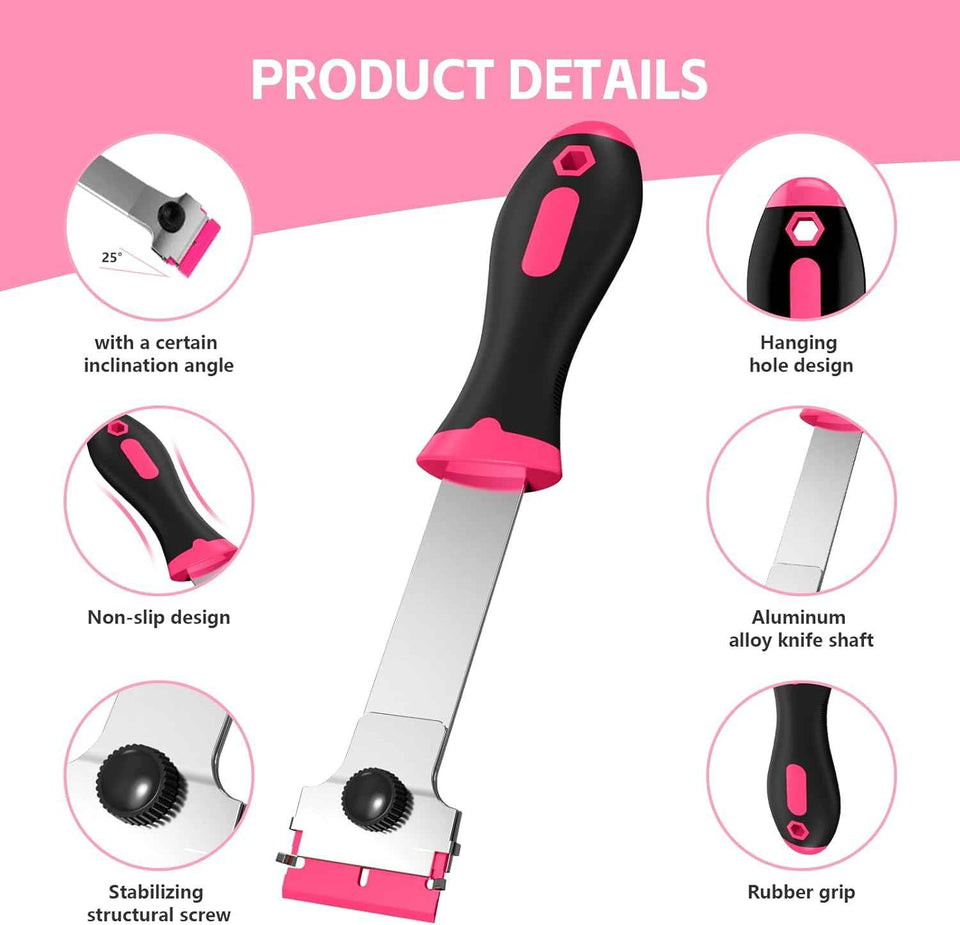 3 Pack Razor Blade Scraper Set, Includes 30 Plastic & 30 Metal Blades, Multi-Purpose Tool for Glass, Cooktop, Sticker Removal, Paint & Gum Cleaning (Pink)
