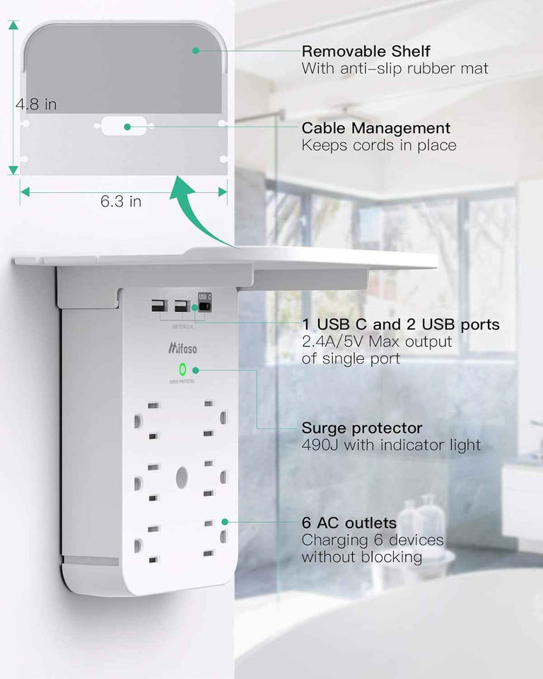 wall outlet extender with 6 ac outlets, shelf, 2 usb & usb c charging ports - compact plug expander