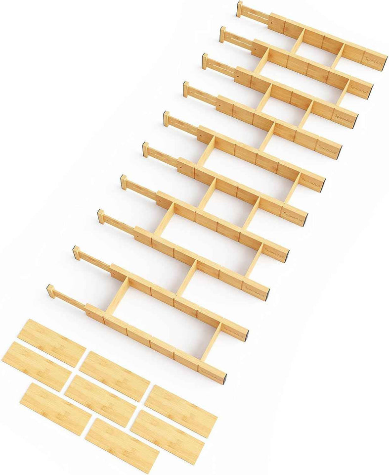 SpaceAid Bamboo Drawer Dividers with Inserts and Labels, Kitchen Adjustable Drawer Organizers, Expandable Organization for Home, Office, Dressers, 4 Dividers with 9 Inserts (17"-22" Natural)