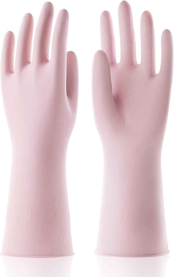 COOLJOB Medium Household Rubber Gloves with Cotton Liner & Non-slip Grip, Waterproof Long Lasting Dishwashing Gloves for Kitchen & Bathroom Cleaning, Light Pink, 1 Pair
