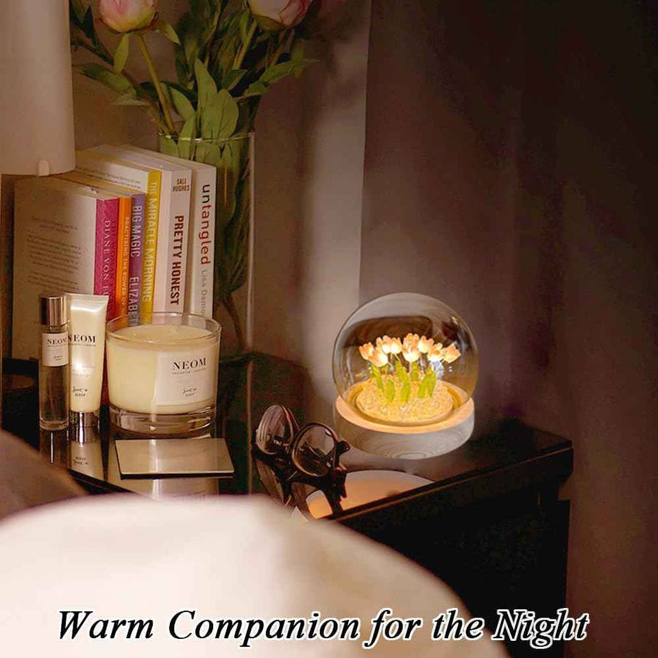 Flower night light with 10 led tulip, 3.93 inch glass cover, wooden base and usb plug for home decor