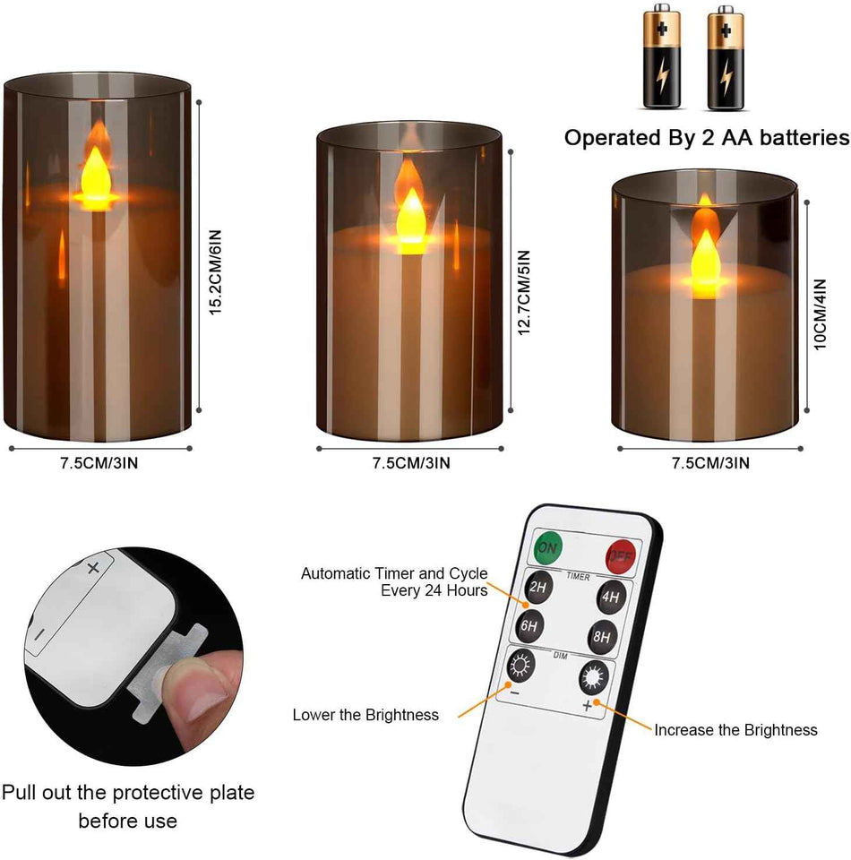 Flameless Candles 4" 5" 6" Set of 3 Acrylic Glass Pillars 3" Diameter Battery Operated Flickering Candles Include 10-Key Remote with Timer Function 400+ Hours (Gray, Warm Light 3 Pack)