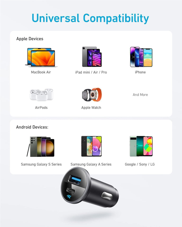 Anker 323 USB C Car Charger Adapter, 52.5W Cigarette Lighter Charger with 30W PowerIQ 3.0 Fast Charging Cable for iPhone 17/17 Pro Max/16/15/14 Series, Galaxy S25/24/23, Pixel, iPad, AirPods and More - Rayz Mart