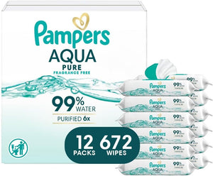 Pampers Baby Wipes Aqua Pure, 99% water-based wipes, Hypoallergenic and Unscented Baby Wipes, 672 Wipes Total (12 Flip-Top Packs)