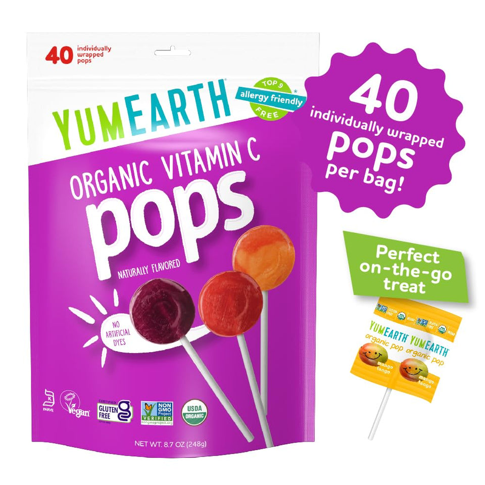 yumearth organic vitamin c pops variety pack, 40 assorted fruit flavors, allergy friendly, gluten free, non-gmo, vegan