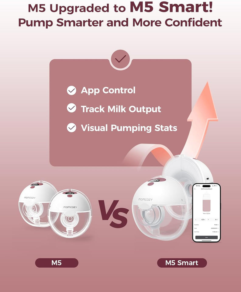 Momcozy M5 Smart APP Controlled Wearable Breast Pump, Hands-Free Wireless Electric Pump, 3 Modes 9 Suction Levels, BPA-Free, Portable Lightweight, 24mm Flange, 2-Pack Cozy Red