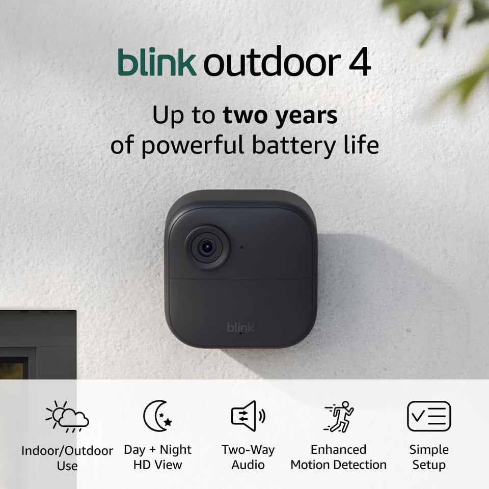 Like-New Blink Outdoor 4 – Wireless smart security camera, two-year battery, 1080p HD day and infrared night live view, two-way talk – 2 camera system