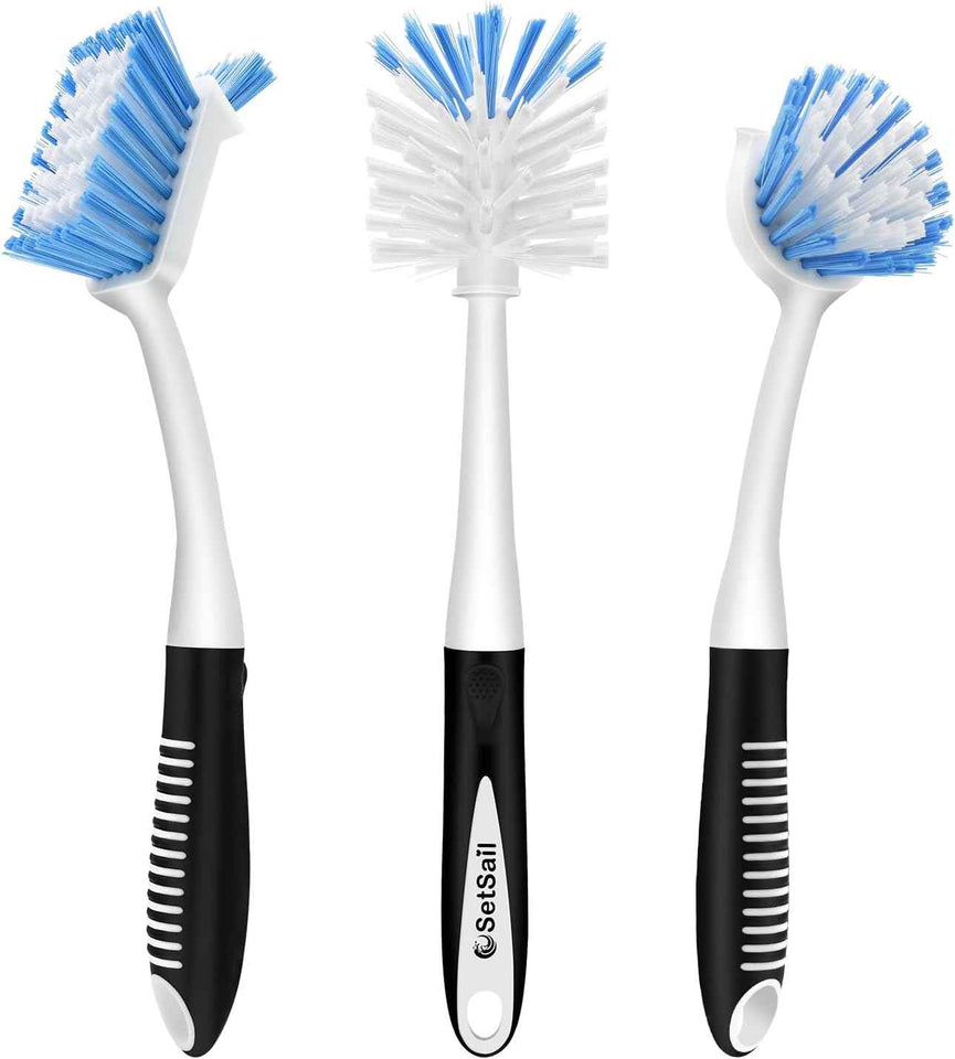 SetSail Dish Brush Set of 3 with Bottle Brush, Dish Scrub Brush with Long Handle Deep Cleaning Handle Brush with Scraper Tip for Kitchen Sink Dishes Bottle Cup Pot and Pans Tile Lines, Black
