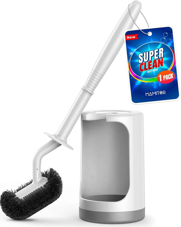 HAMITOR Toilet Bowl Brush Holder Set: Curved Design with Holder for Deep Cleaning Under Rim - Compact Hidden Scrubber for Small Space - Modern RV Bathroom Accessories - White