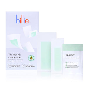Billie Face & Bikini Wax Kit, 32 Strips, 6 Serum Wipes, Vegan, Avocado Oil Formula