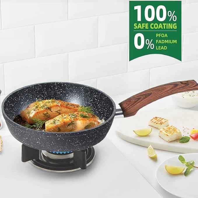 12-Piece Granite Cookware Set with Non-Stick Coating and Wood Look Handles