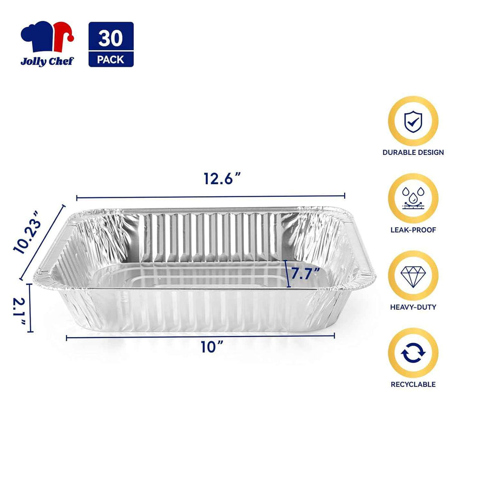 JOLLY CHEF 9x13 disposable aluminum foil pans for roasting, 30 pack, half size deep steam pans