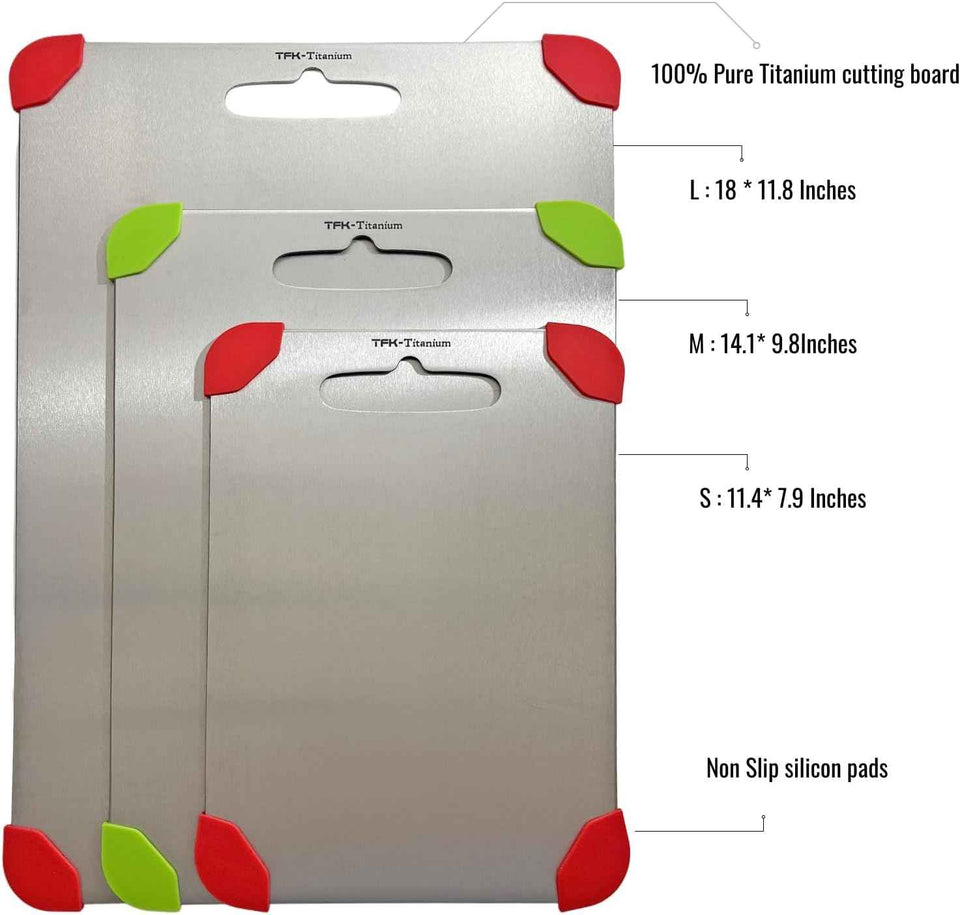 100% Pure Titanium Cutting Board with Non Slip Silicon Pads for Kitchen, Non Toxic and Dishwasher Safe