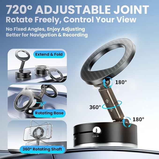 BISART Vacuum Magnetic Car Phone Holder – 360° Rotatable, Reinforced 96LBS Suction Cup Mount Compatible with MagSafe for iPhone & Android, Portable for Car, Gym & Mirror (A7-Black)