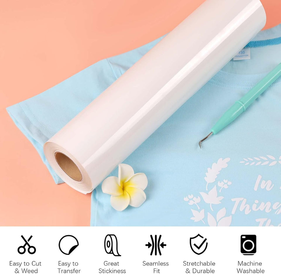 HTVRONT Heat Transfer Vinyl White HTV Rolls - 12" x 20ft White Iron on Vinyl for All Cutting Machines, HTV Vinyl for Shirts - Easy to Cut & Weed for Heat Transfer Design