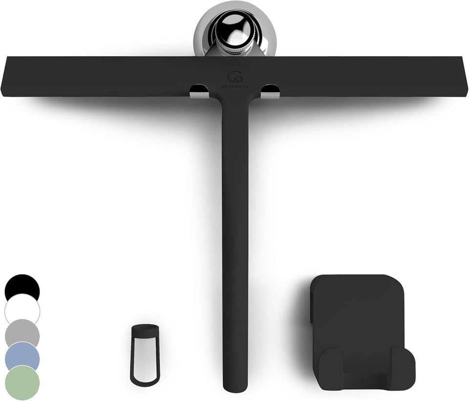 GÜTEWERK 9-Inch Silicone Shower Squeegee, Black with Stainless Steel Core and Soft-Touch Handle