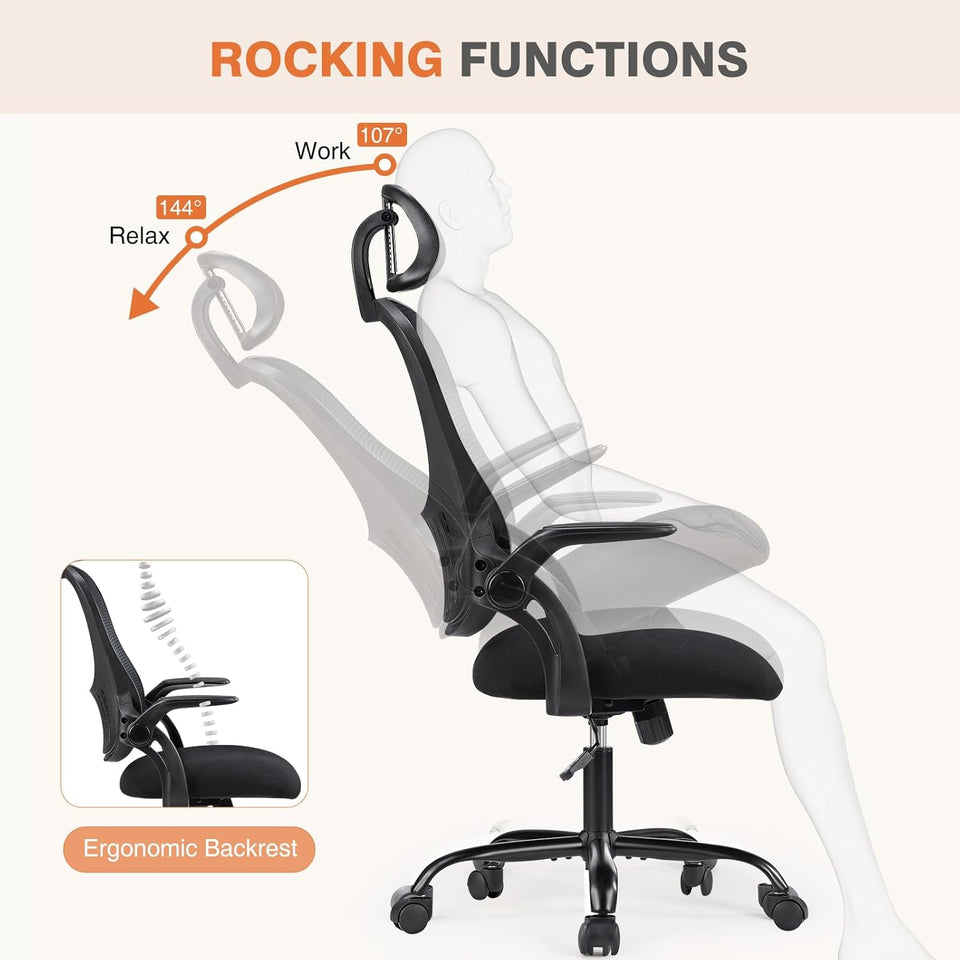 Sweetcrispy Office Computer Desk Chair, Ergonomic High-Back Mesh Rolling Work Chairs with Wheels and Adjustable Headrests, Comfortable Lumbar Support, Comfy Flip-up Arms for Home,Bedroom,Study, Black