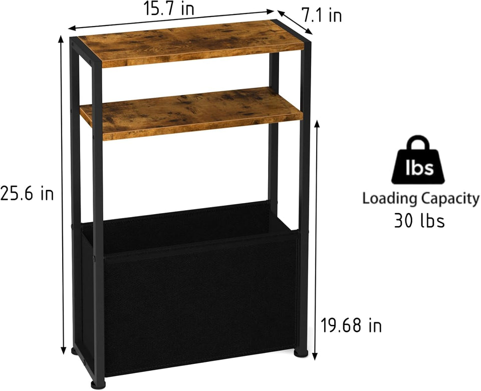 Narrow Side Table, Slim End Tables with Fabric Basket, Skinny Table for Small Spaces, Thin Bedside Table for Living Room, Bedroom