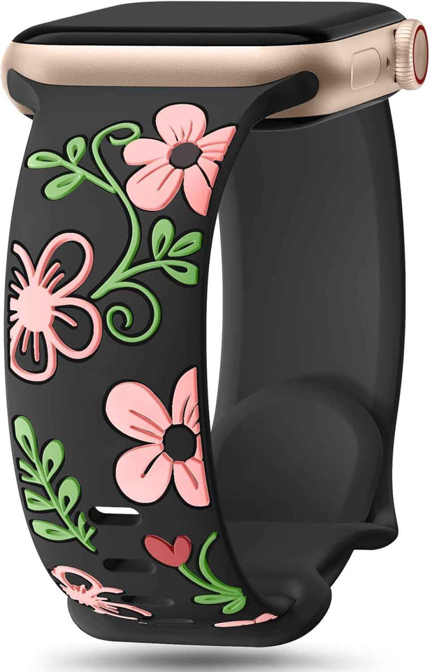 Witzon Floral Band Compatible with Apple Watch Bands For Women 40mm 41mm 38mm 42mm 44mm 45mm 46mm 49mm, Engraved Cute Flower Silicone Dressy Strap for iWatch Series 11 10 9 8 7 6 5 4 3 2 SE Ultra