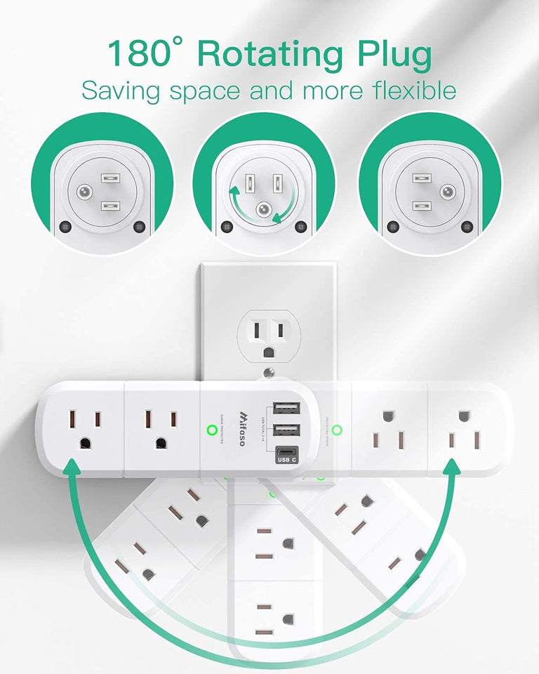 mifaso 3 sided swivel rotating plug surge protector with 6 ac multi plug wall outlets and 3 usb ports