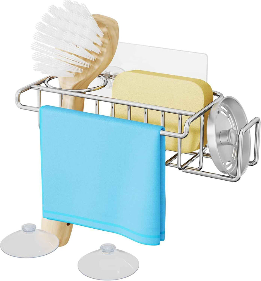 HapiRm 4-in-1 Stainless Steel Sink Caddy with Sponge Holder, Dish Cloth Hanger, Soap Rack, and Sink Stopper Rack